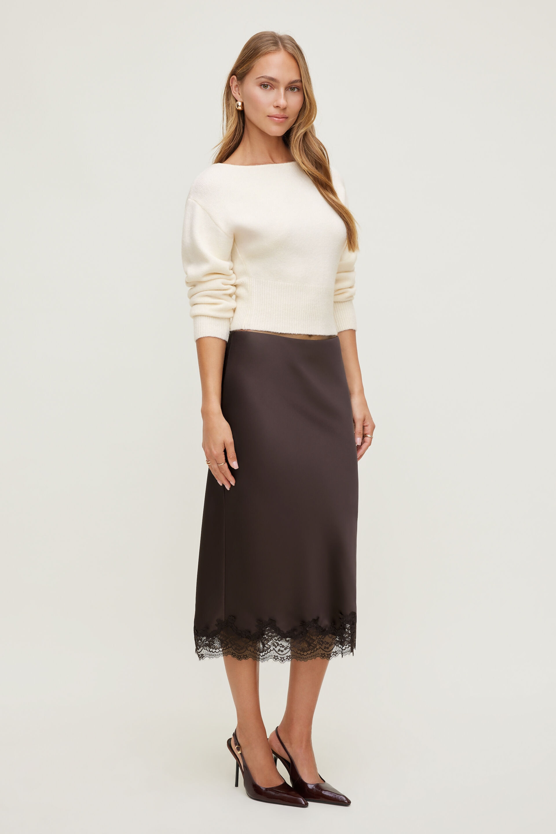 Lace Satin Midi Skirt