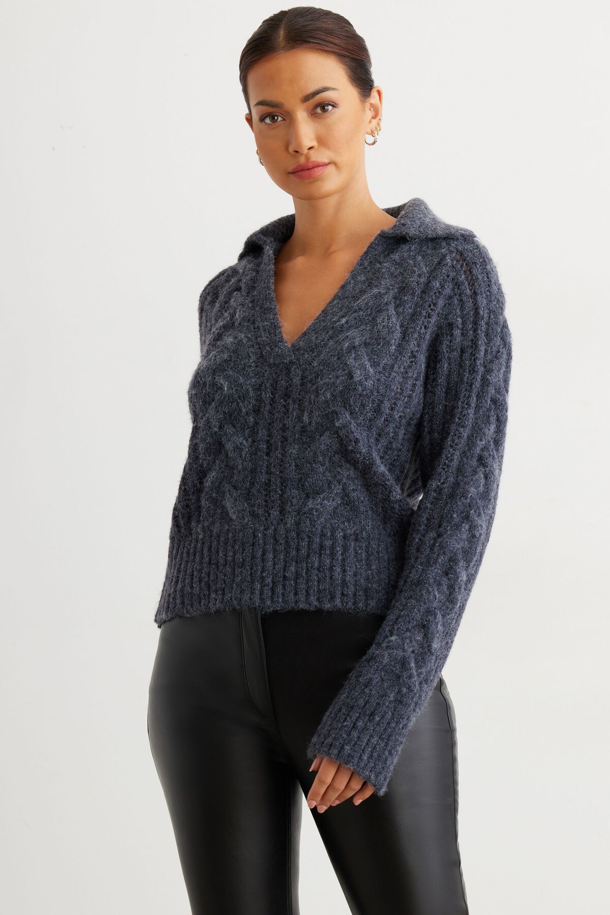 Dynamite Cable Knit Deep V-Neck Polo Sweater. 1