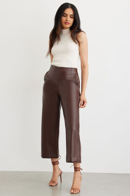 Dynamite Wide Leg Pants Karlie Culotte Faux Leather Wide Leg Pants in French Roast Brown