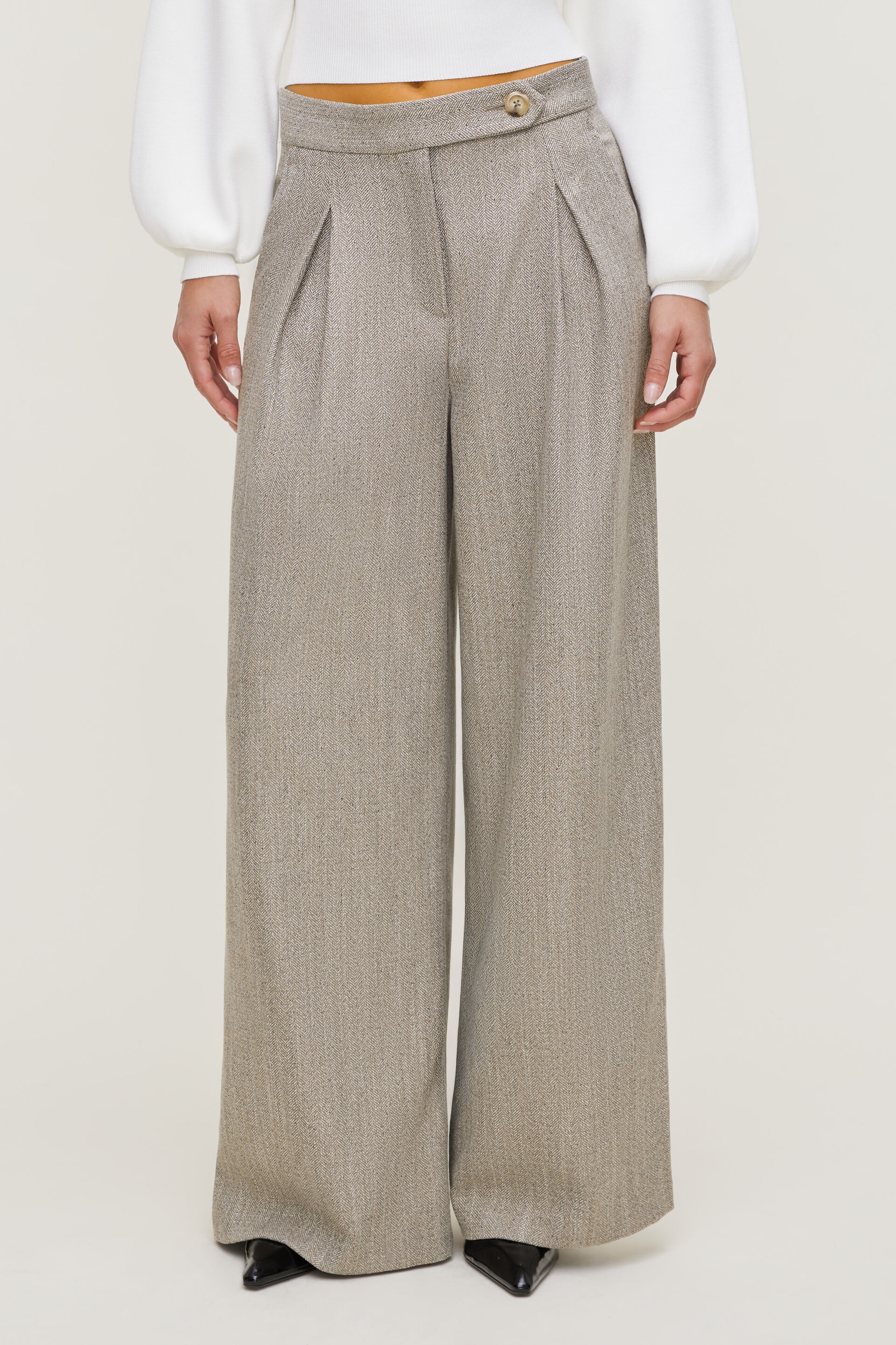 Herringbone Pleated Wide Leg Pants