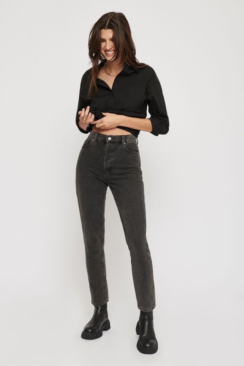 Jean rosie à jambe ajustée et taille ultra-haute Noir Dynamite