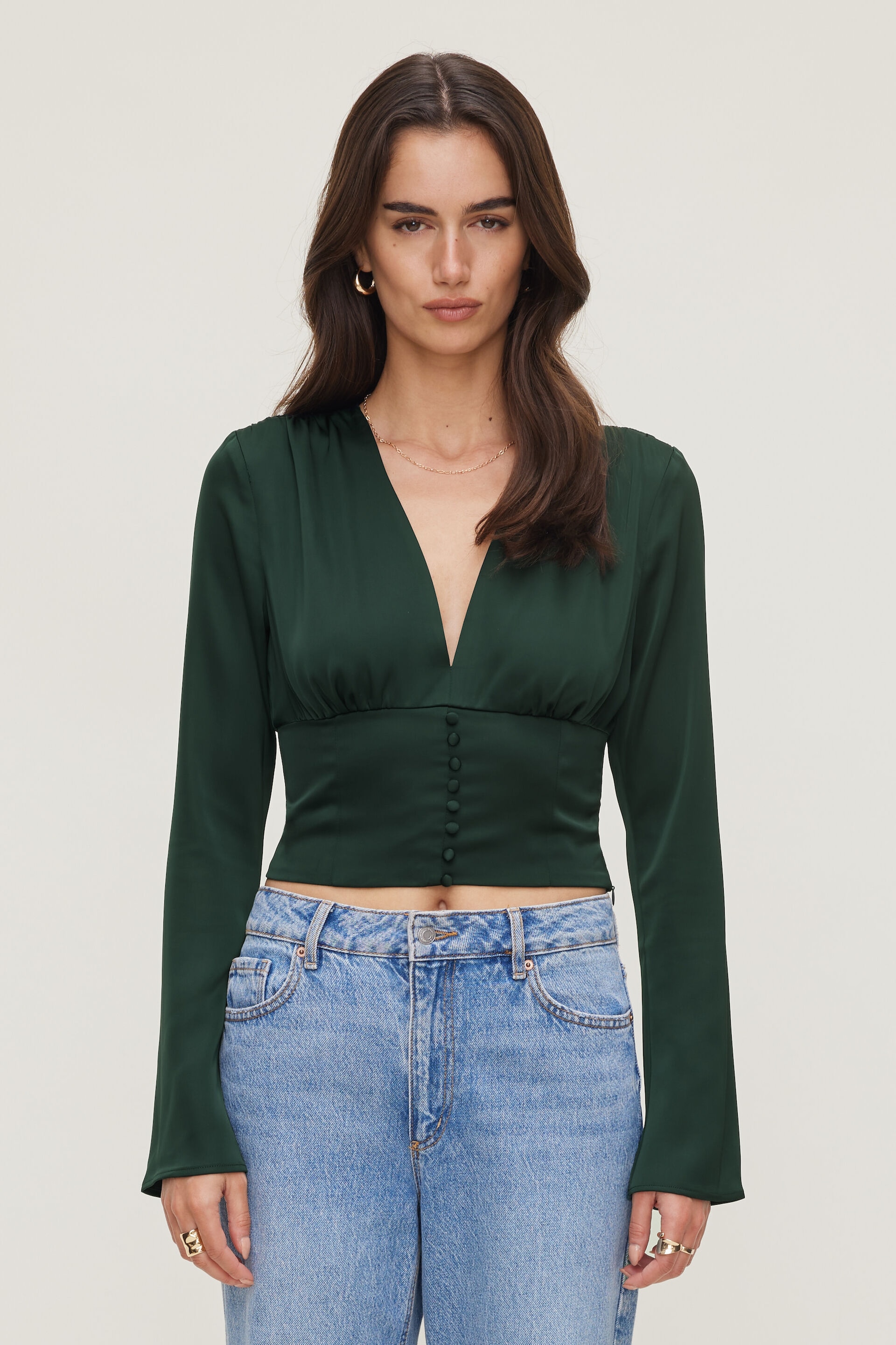 Draped V Neck Satin Blouse