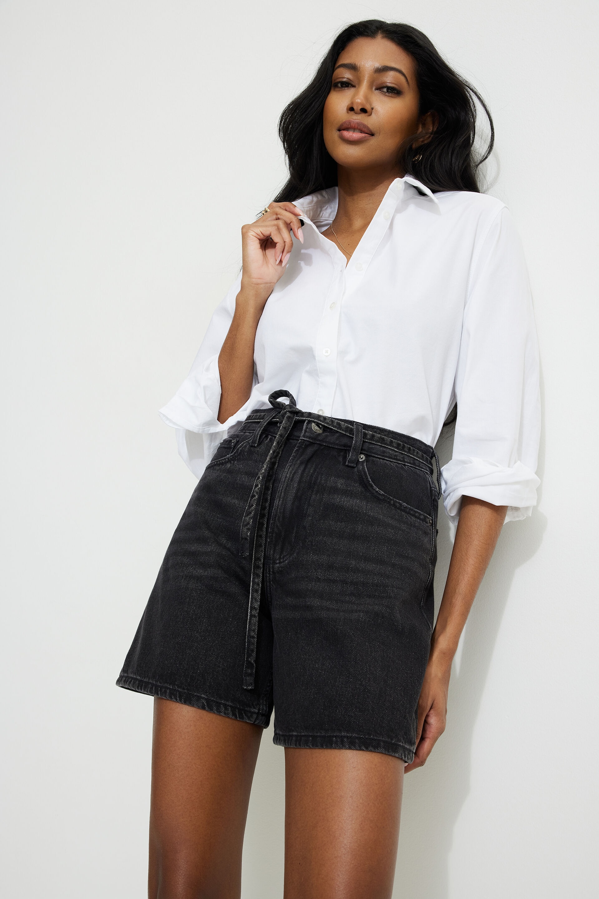 Charlie Drawstring High Rise A Line Denim Shorts