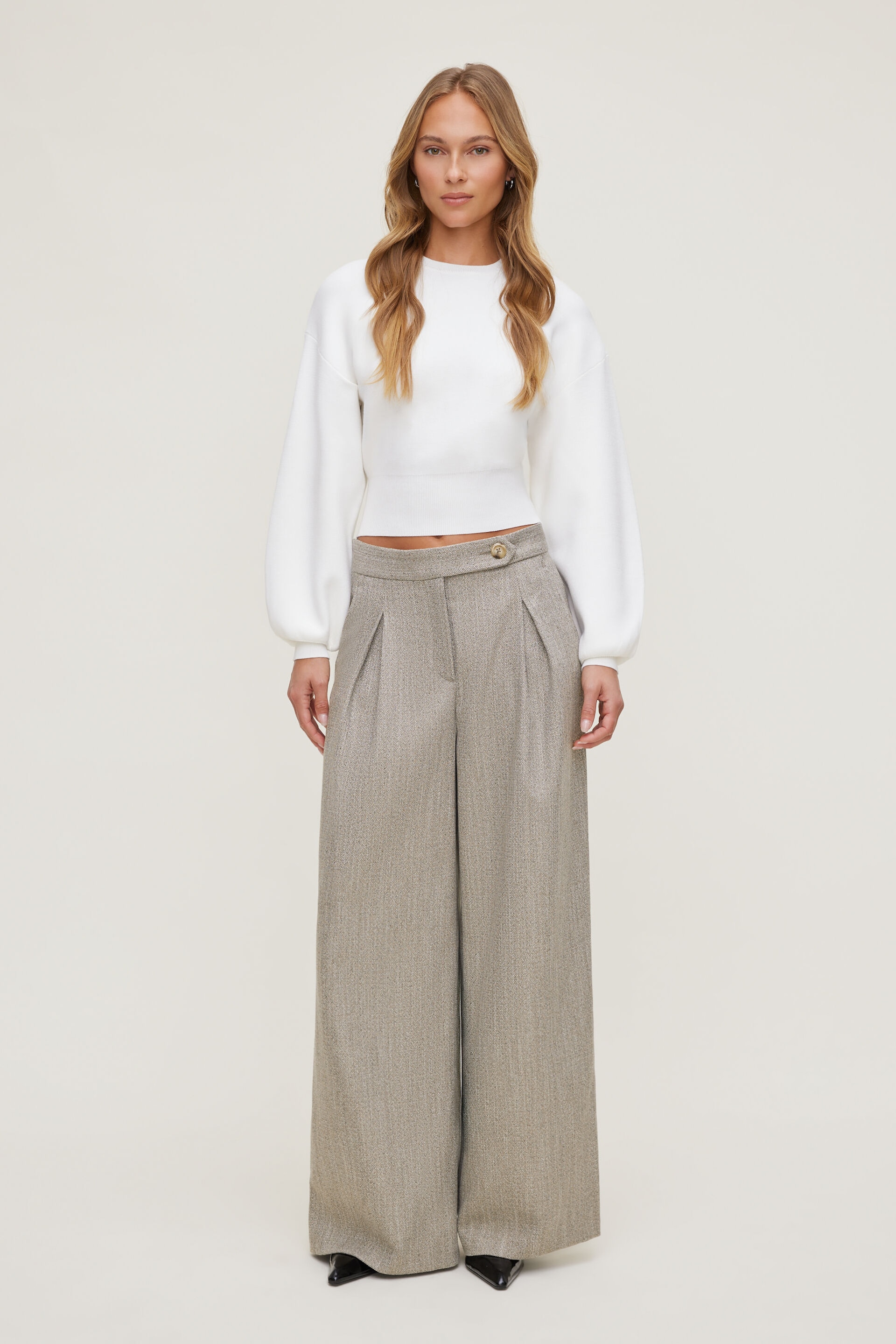 Herringbone Pleated Wide Leg Pants