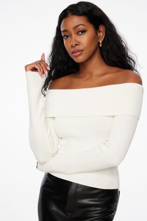 Knitted Jumper White Off The Shoulder Jumpers Shoulder Knit White