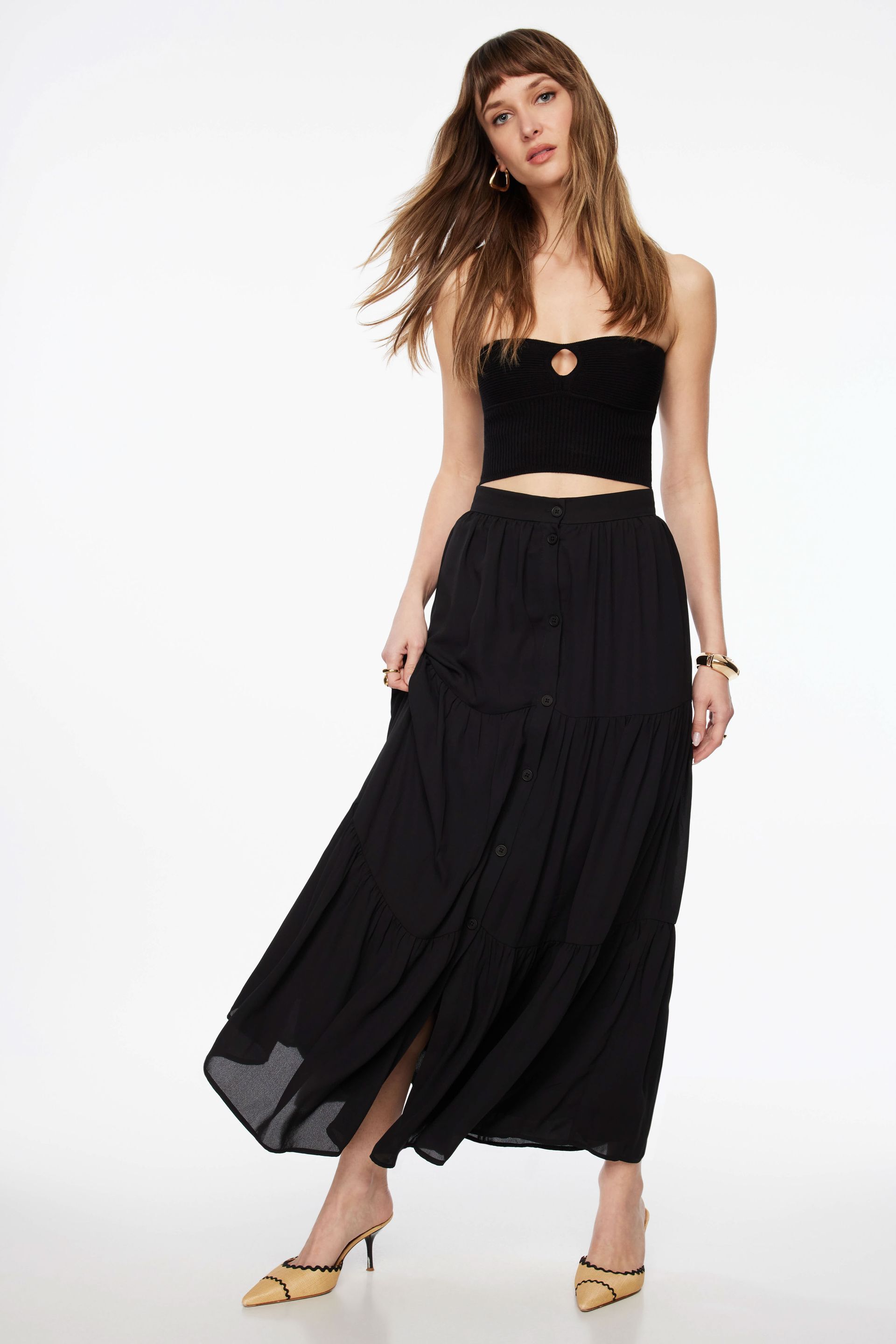 Buttoned Tiered Maxi Skirt