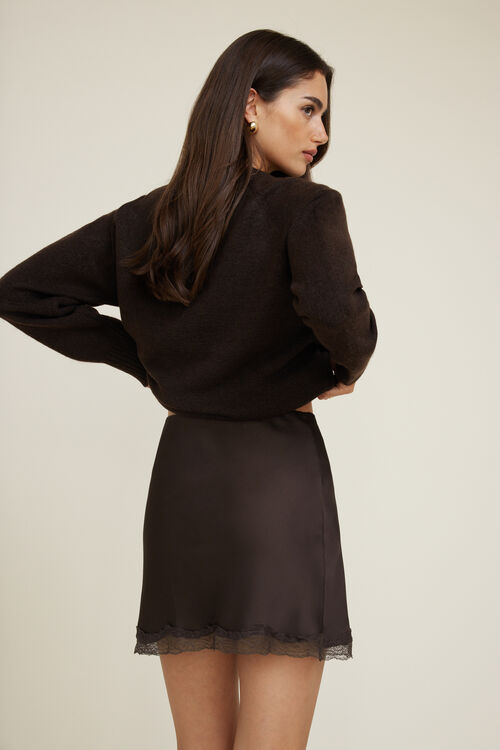 Lace Trim Satin Mini Skirt Brown Dynamite