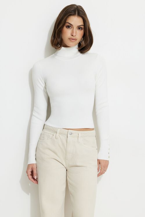 Button Cuff Turtleneck Sweater White Dynamite