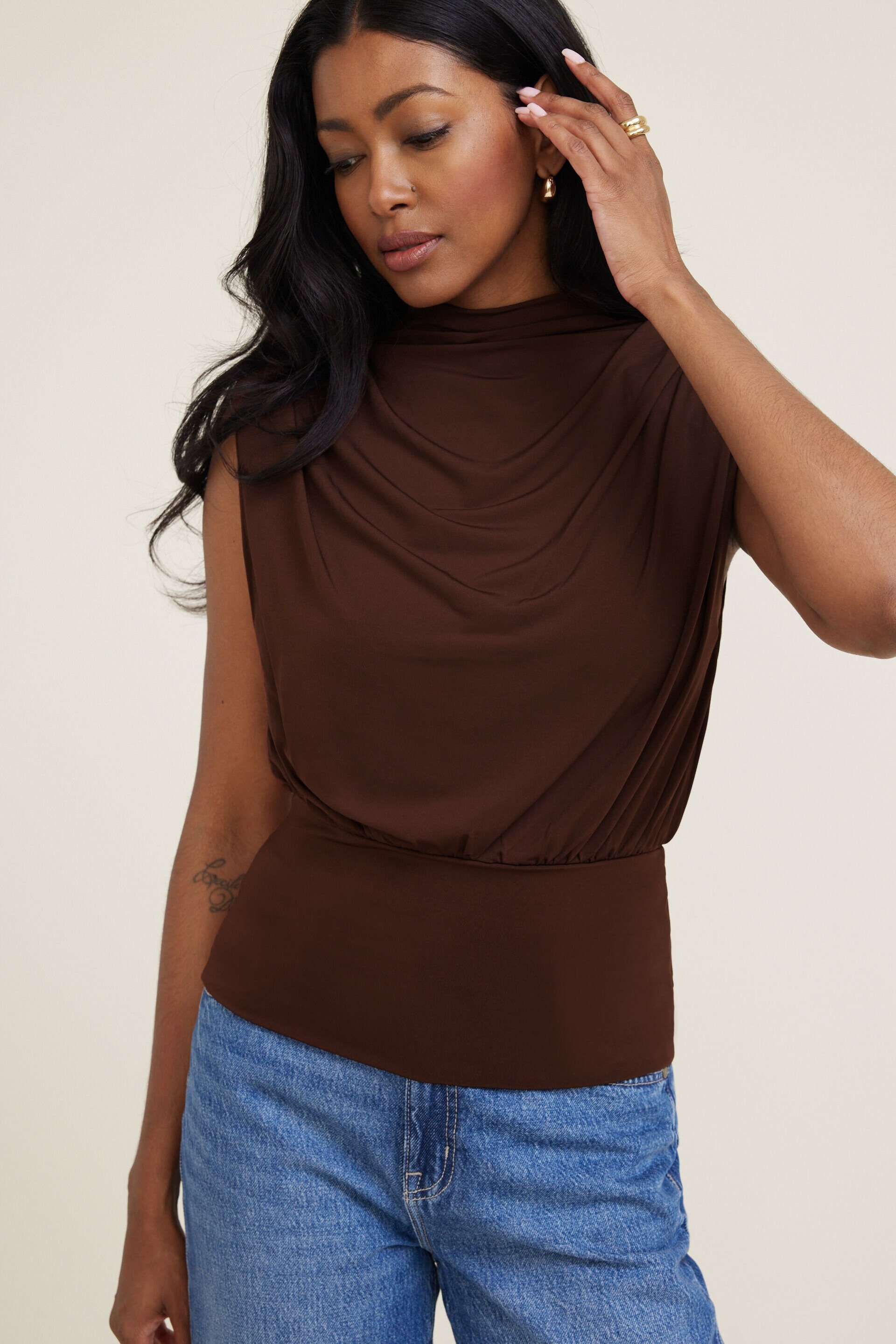 Mockneck Top With Shoulder Pads