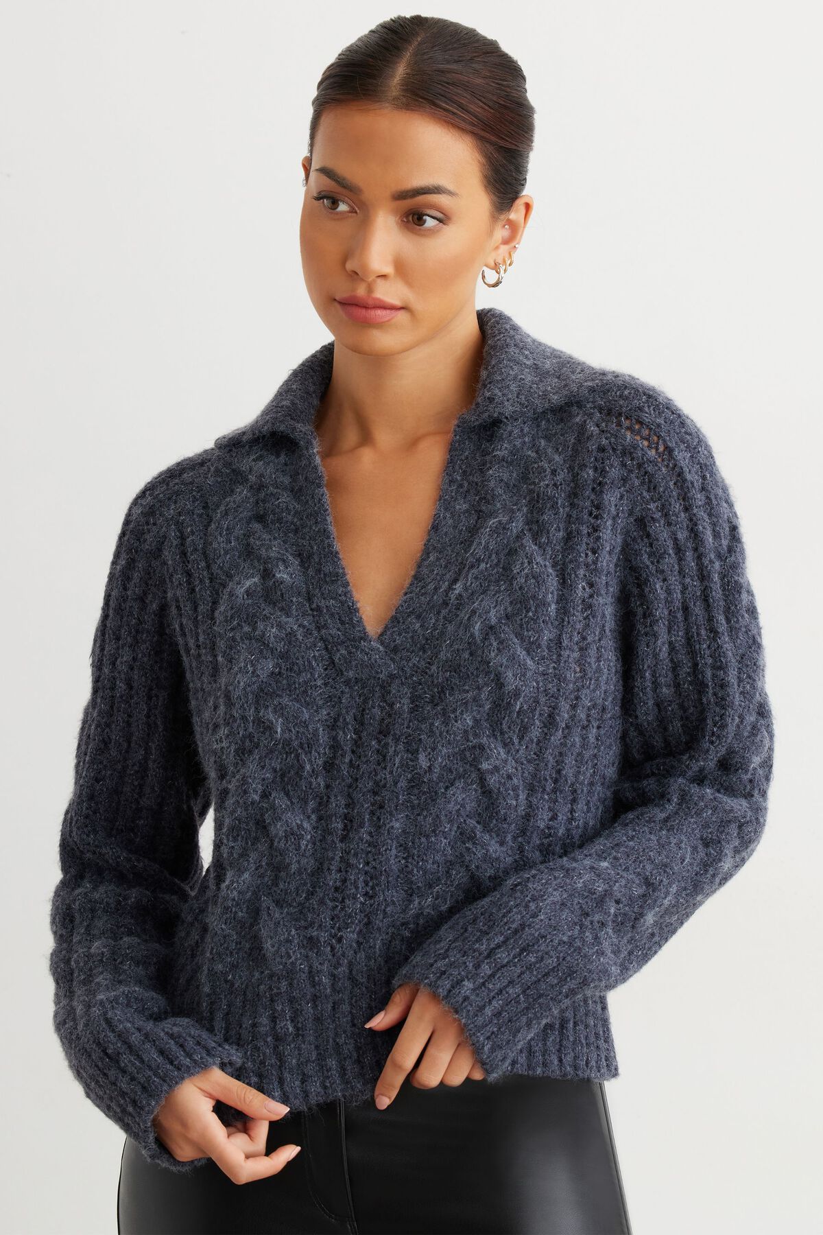 Dynamite Cable Knit Deep V-Neck Polo Sweater. 3