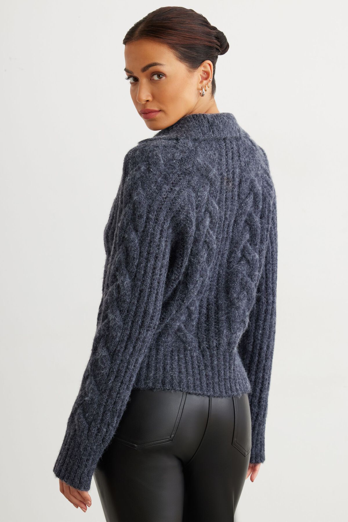 Dynamite Cable Knit Deep V-Neck Polo Sweater. 4