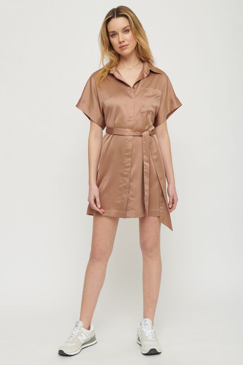 Belted Satin Shirt Dress Brown Dynamite