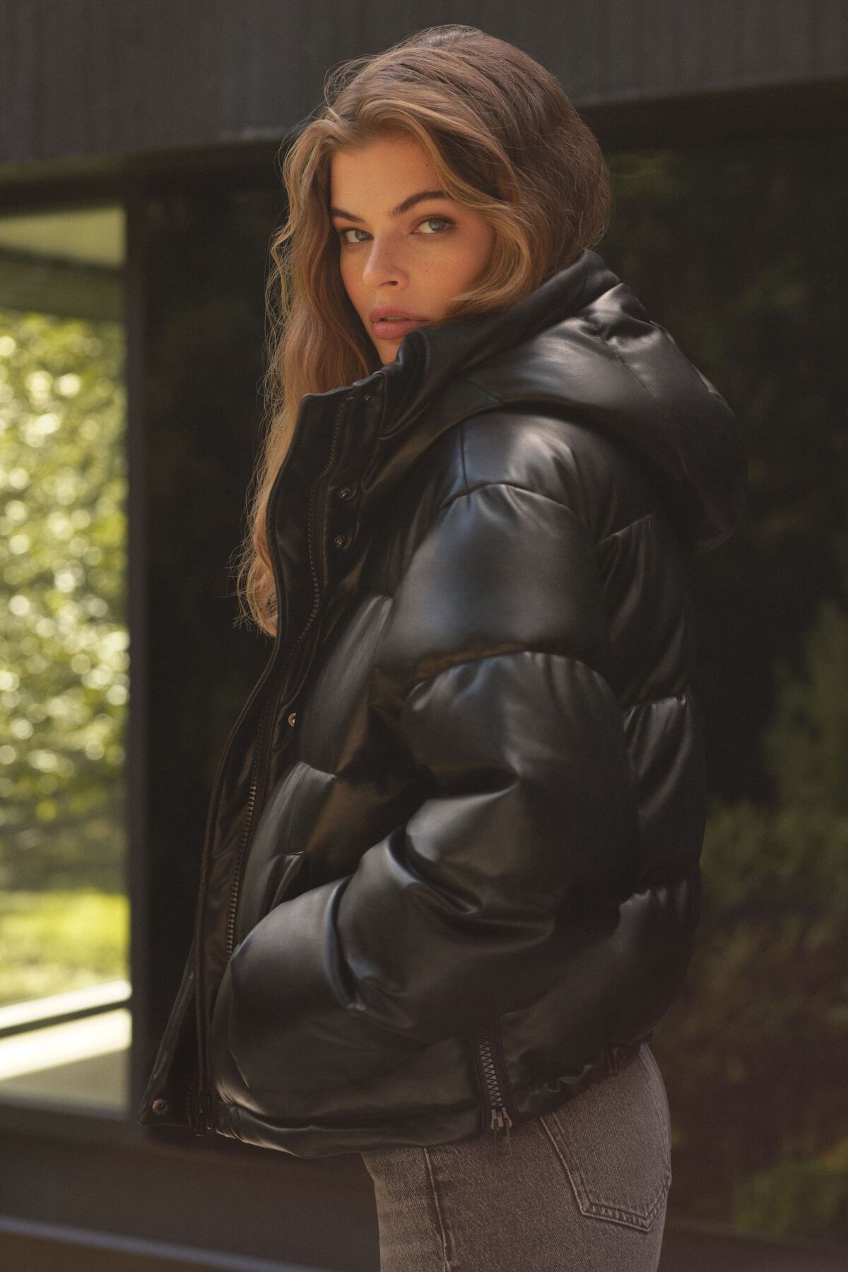 Dynamite Short Faux Leather Puffer Jacket. 1