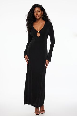 Slinky Deep V-Neck Maxi Dress Black