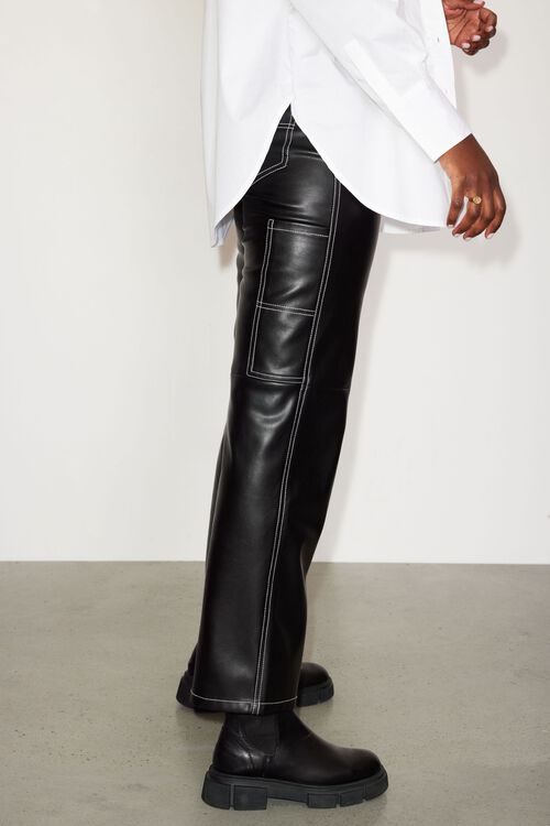 Faux Leather Straight Pants with Contrast Stitch
