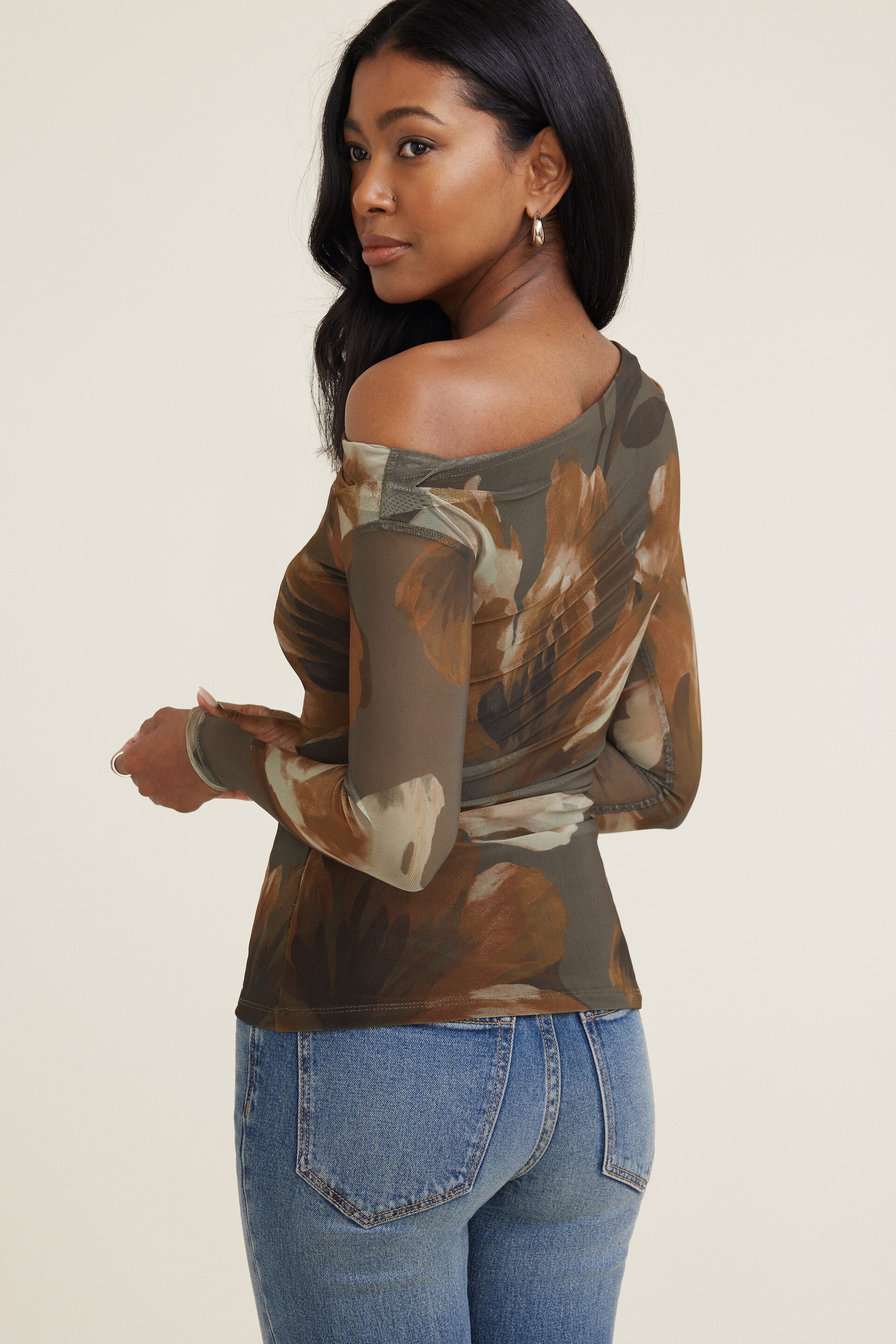 Cleo Printed Mesh Long Sleeve Top
