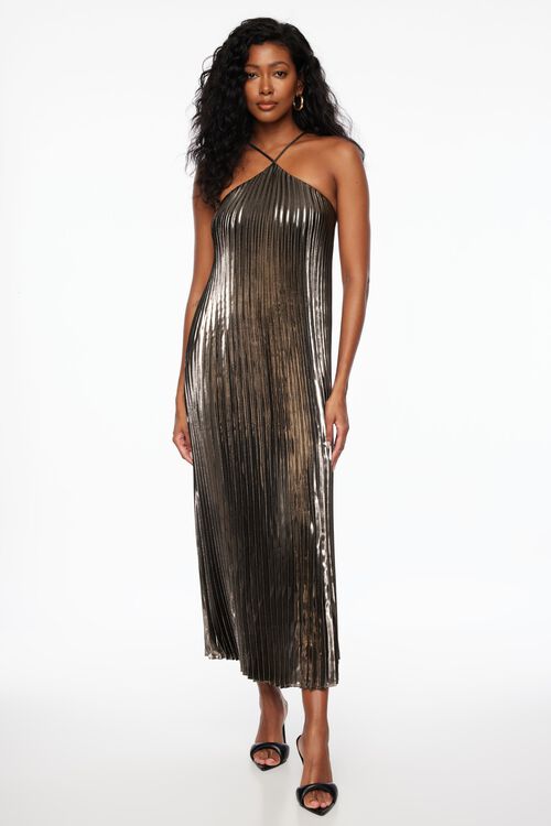 Metallic Halter Pleated Midi Dress