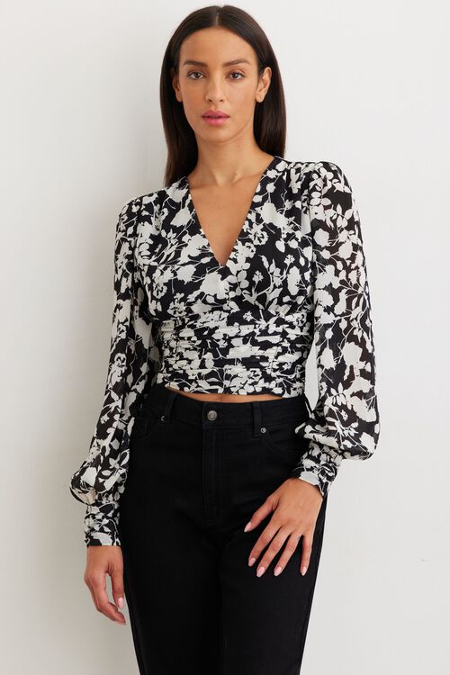 Blouse cache-coeur fleurie à col en V Gris Dynamite