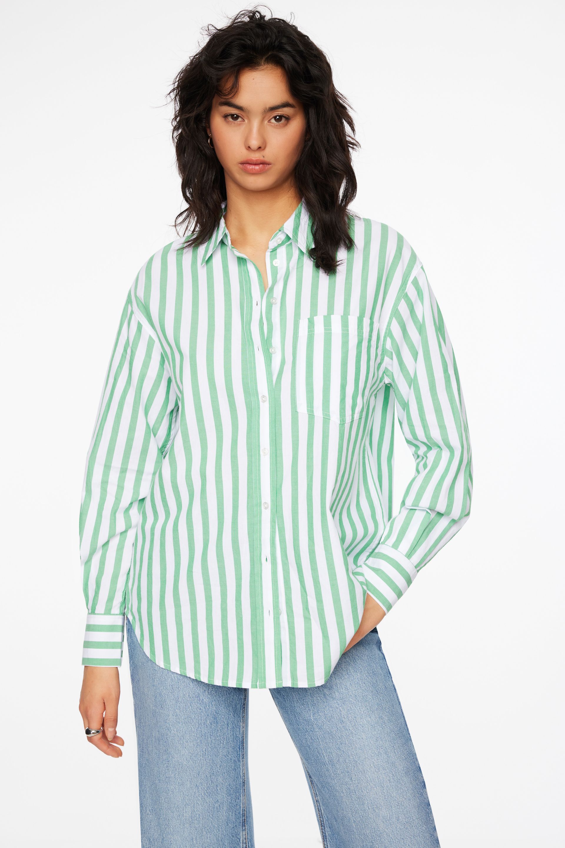 Frida Striped Oversized Button Up Shirt Green | Dynamite
