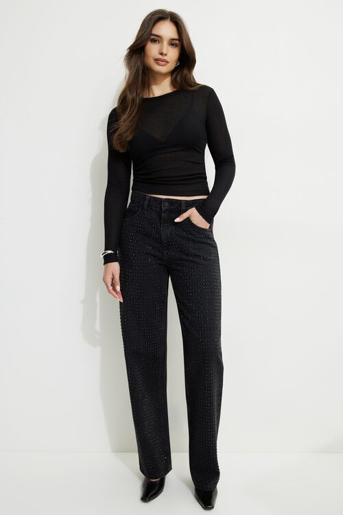 Mika Rhinestone Relaxed Straight Jeans Black Dynamite