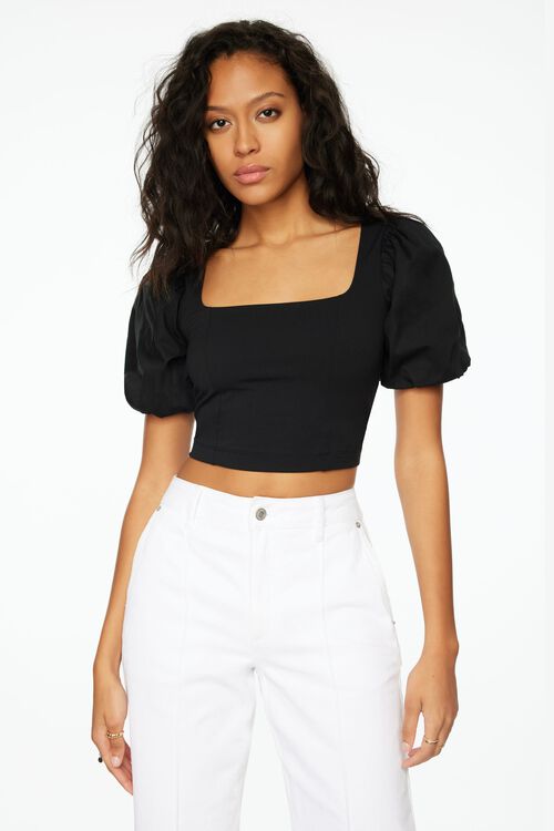 Poplin Sleeve Square Neck Top Black Dynamite