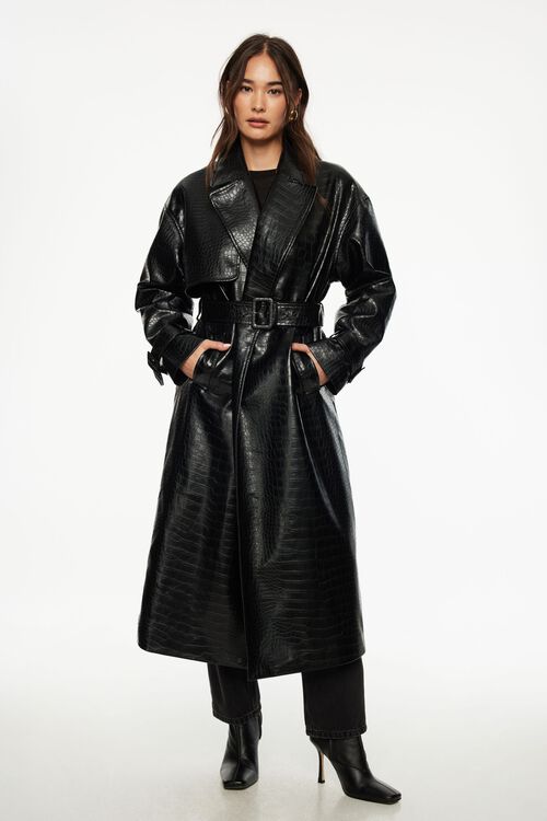 Crocodile Faux Leather Military Trench Coat BLACK Dynamite