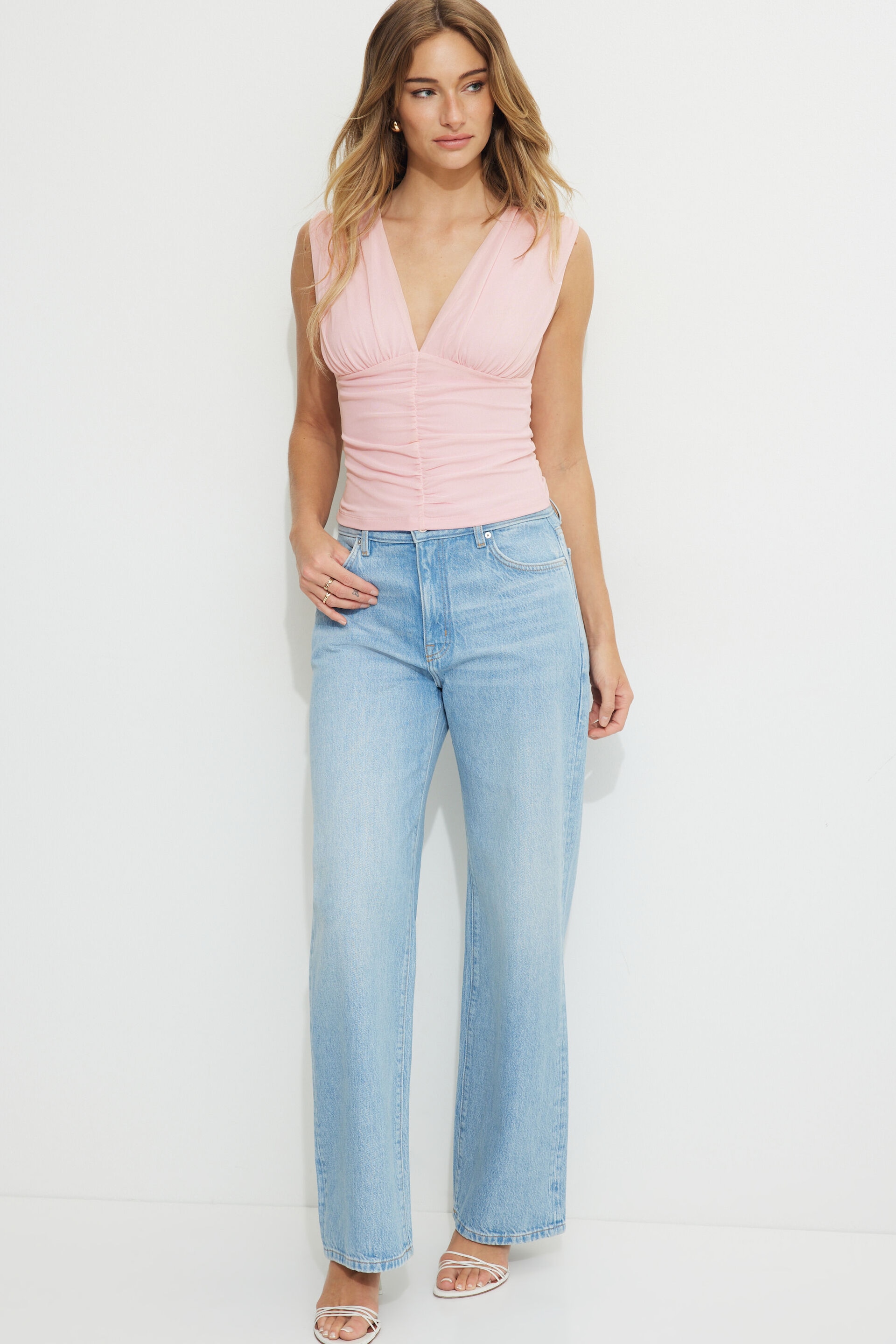 Shirred Plunge Mesh Top