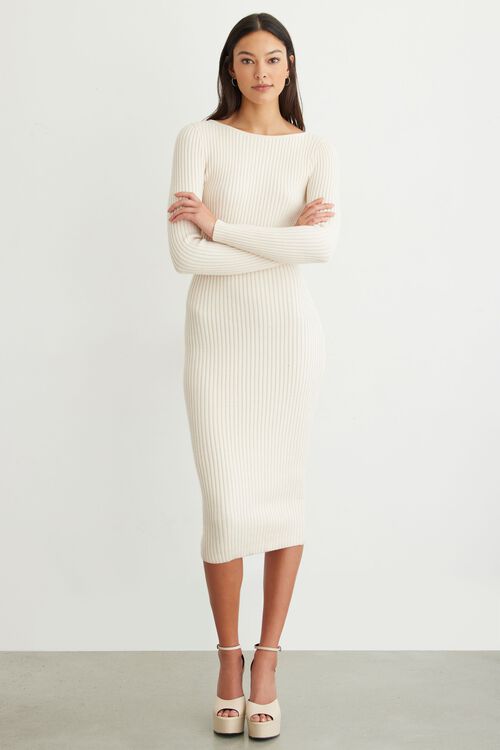 Long Sleeve Ribbed Beige Dress Long Sleeve Ribbed Sweater Dress