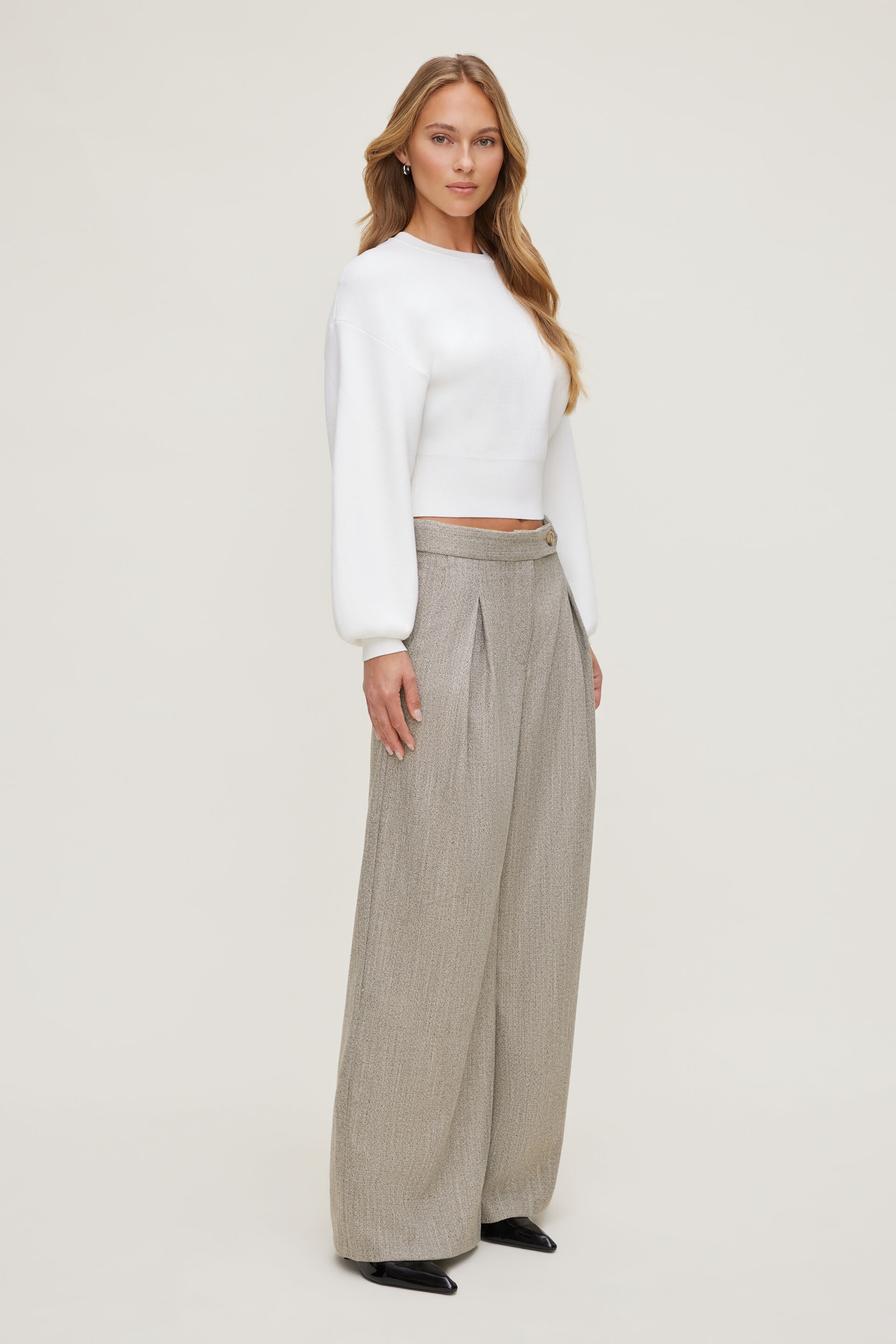 Herringbone Pleated Wide Leg Pants