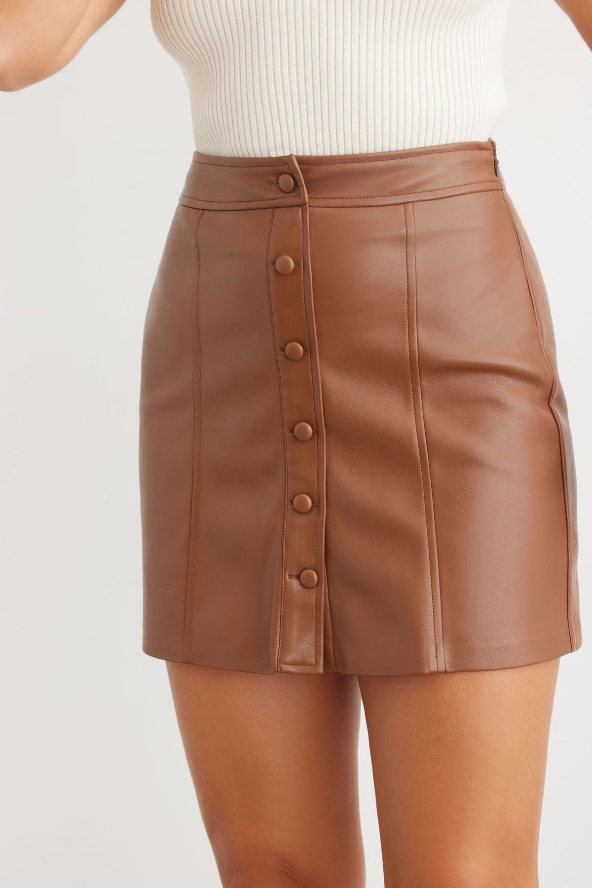 Dynamite Faux Leather Mini Button Skirt. 4
