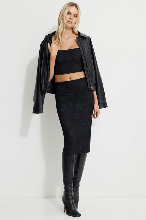Dynamite Going Out Bottoms Alana Embroidered Midi Skirt in Jet Black