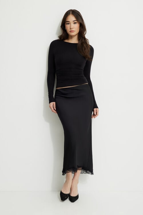 Satin Lace Trim Maxi Slip Skirt Black Dynamite