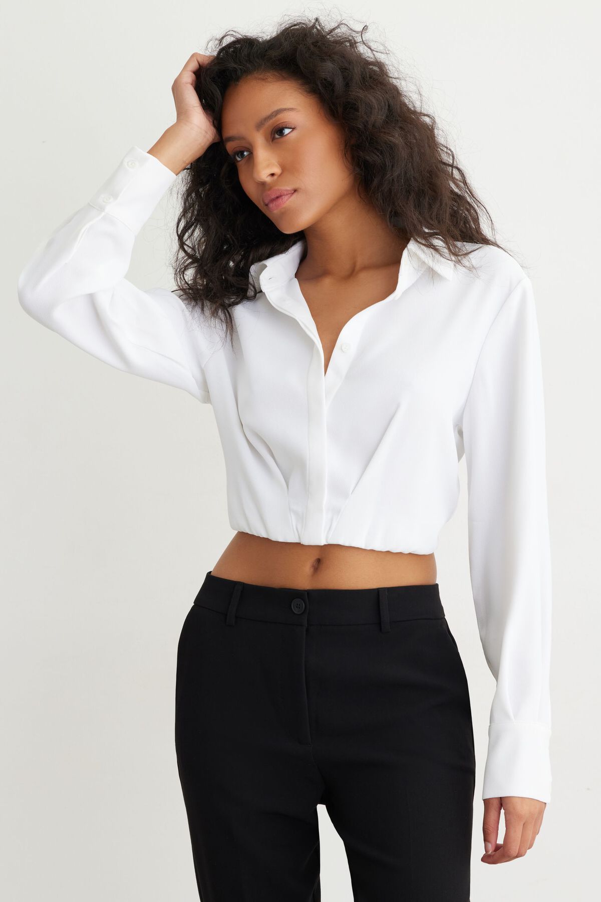 Dynamite Bailey Long Sleeve Cropped Button Up Shirt. 1