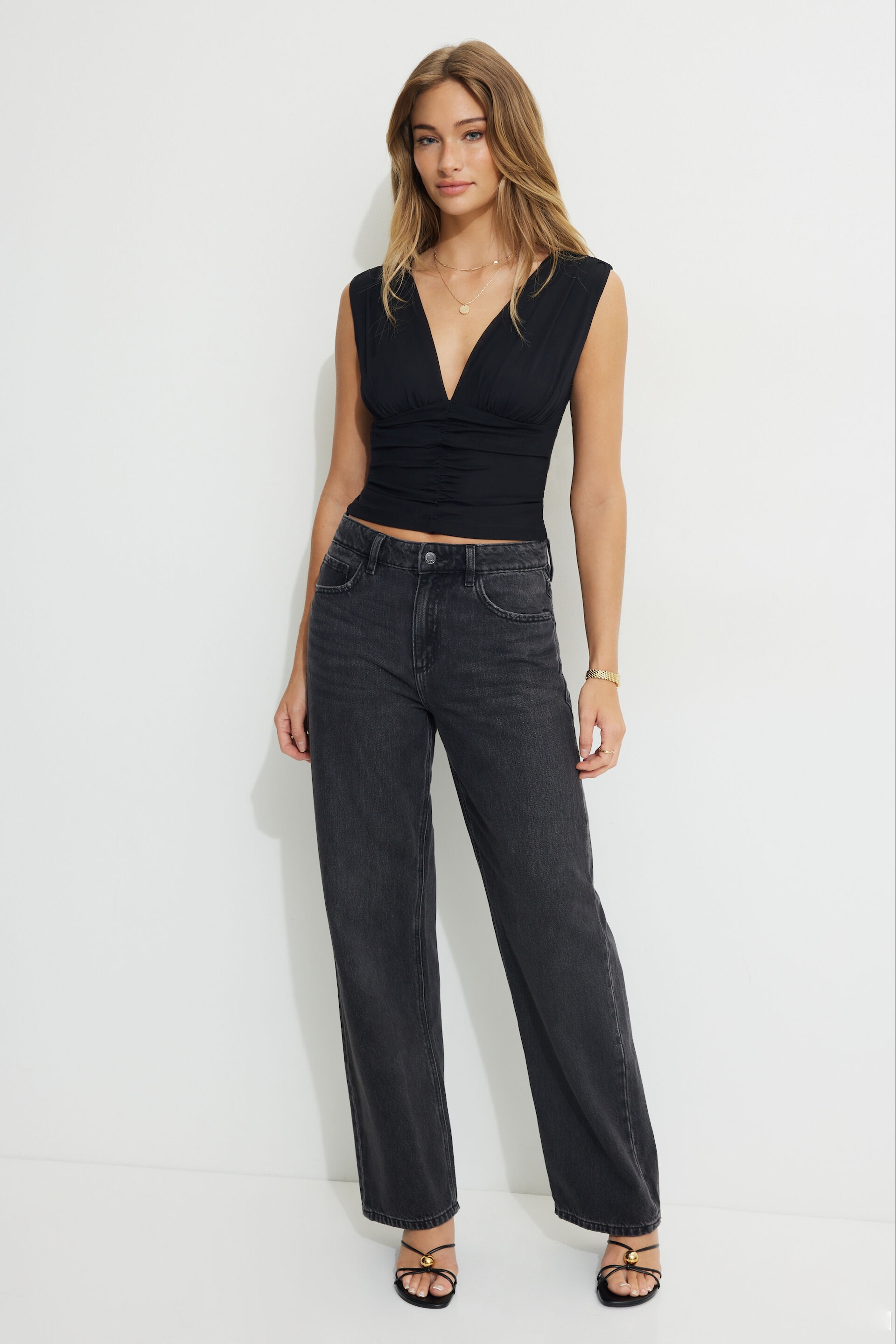 Shirred Plunge Mesh Top