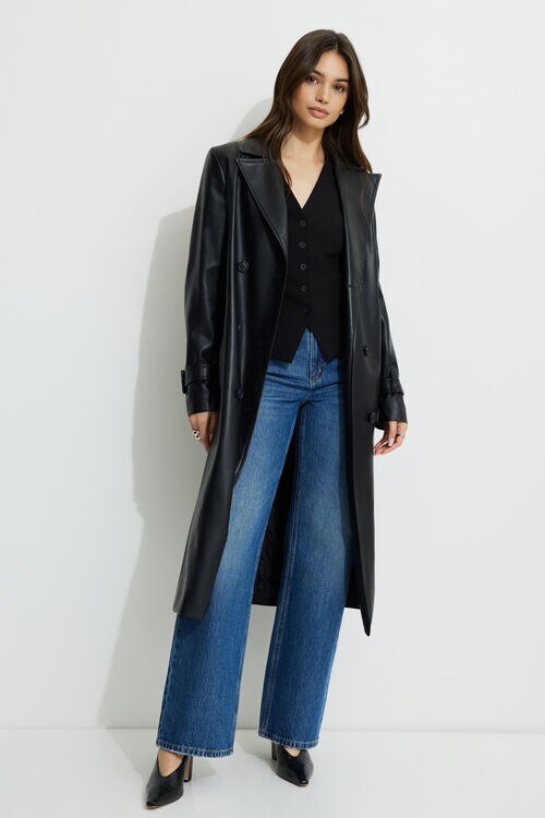 Military Faux Leather Trench Coat BLACK Dynamite