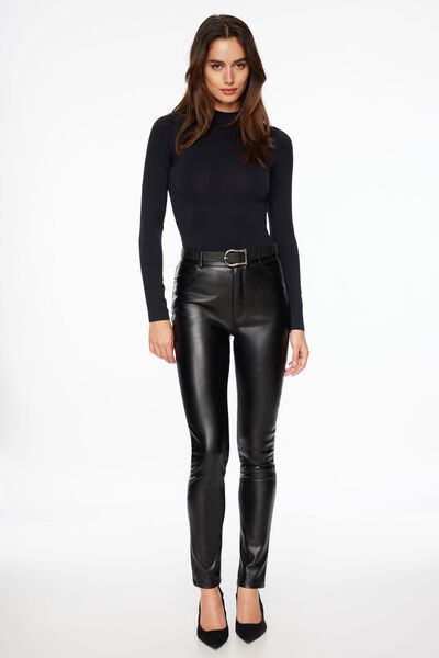Stone Belted Straight Leg Faux Leather Pants