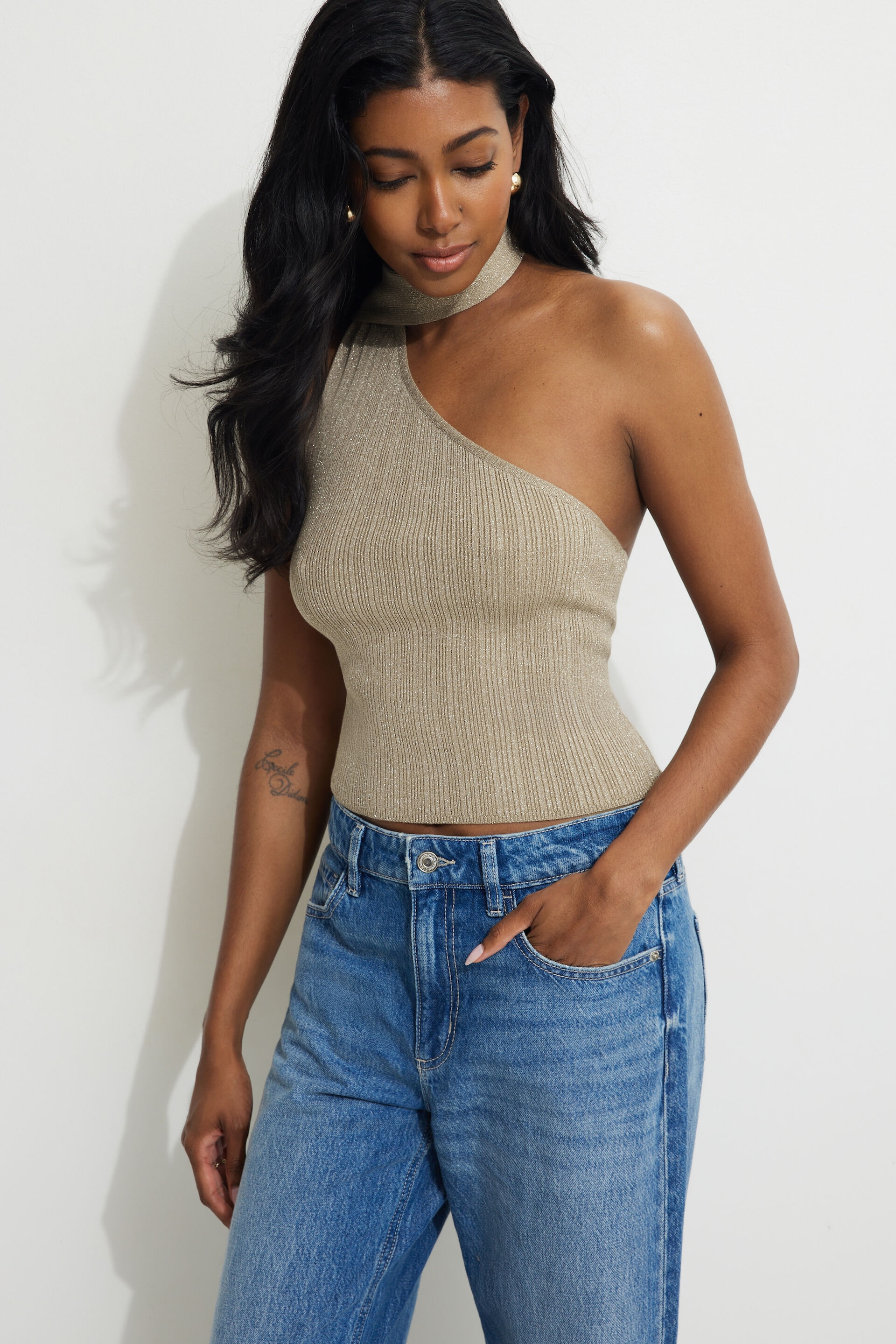 Ribbed Metallic Single Shoulder Scarf Top