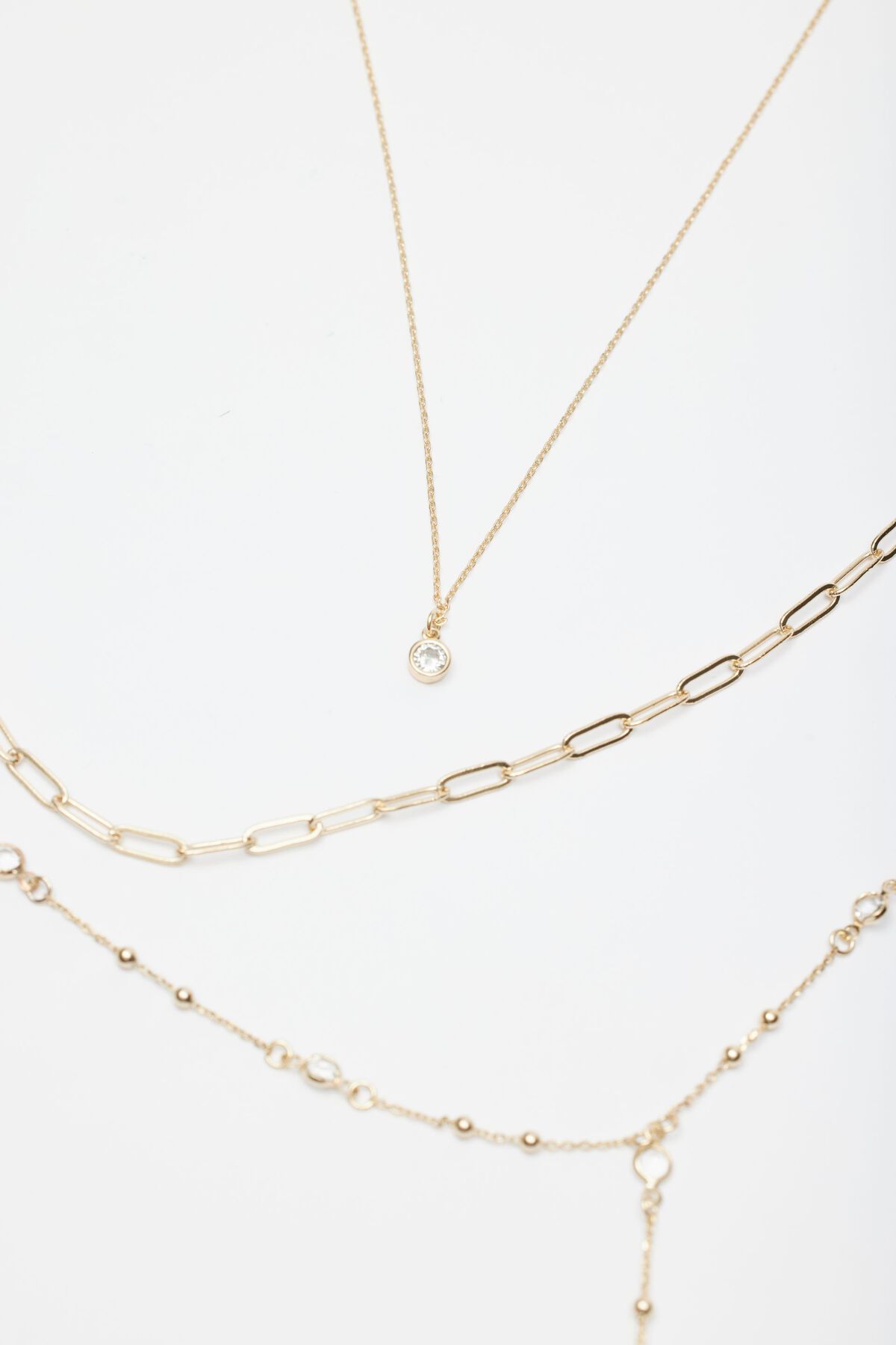 Dynamite Layered Thin, Paperclip & T-Bar Gem Chain Necklace. 3
