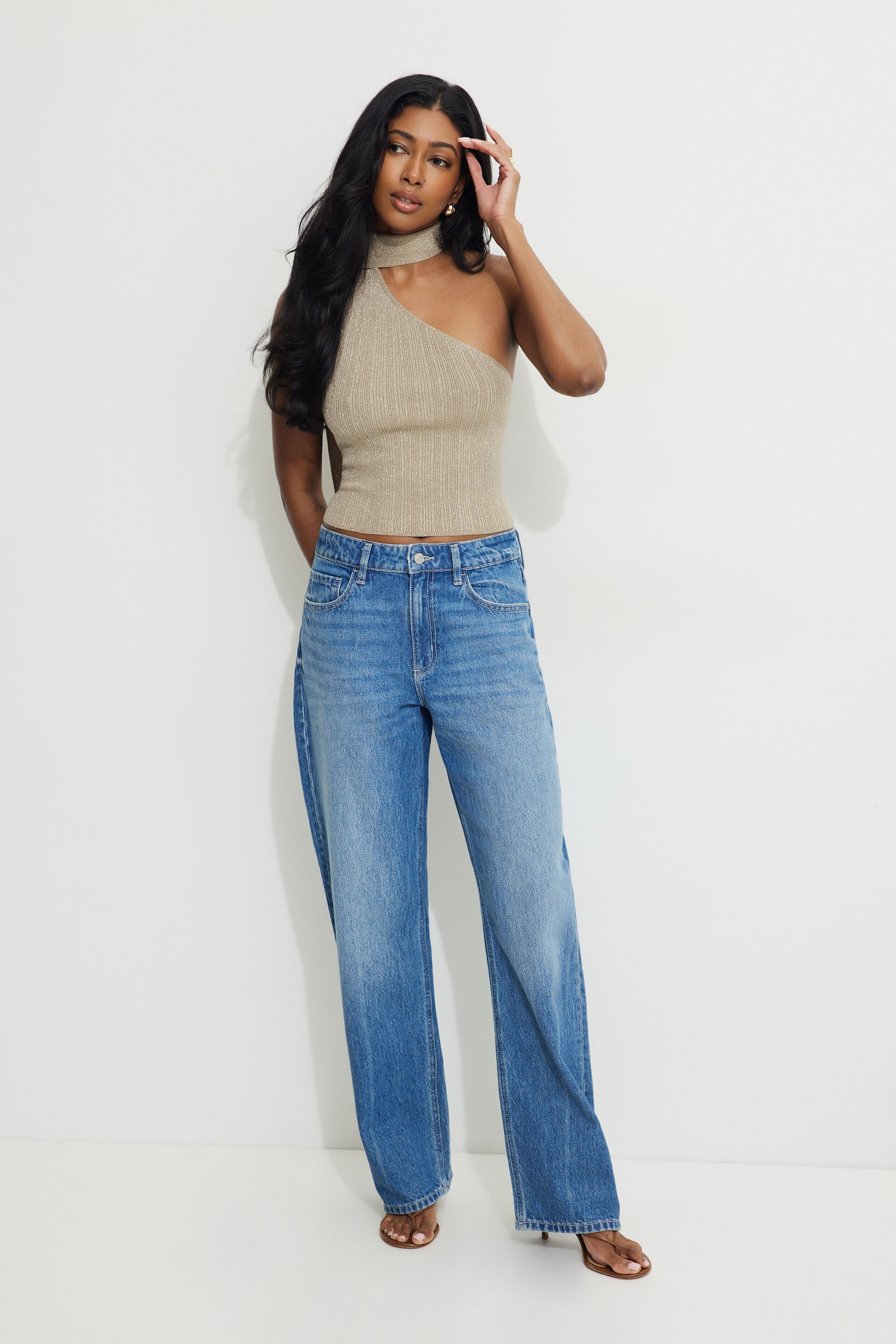 Ribbed Metallic Single Shoulder Scarf Top