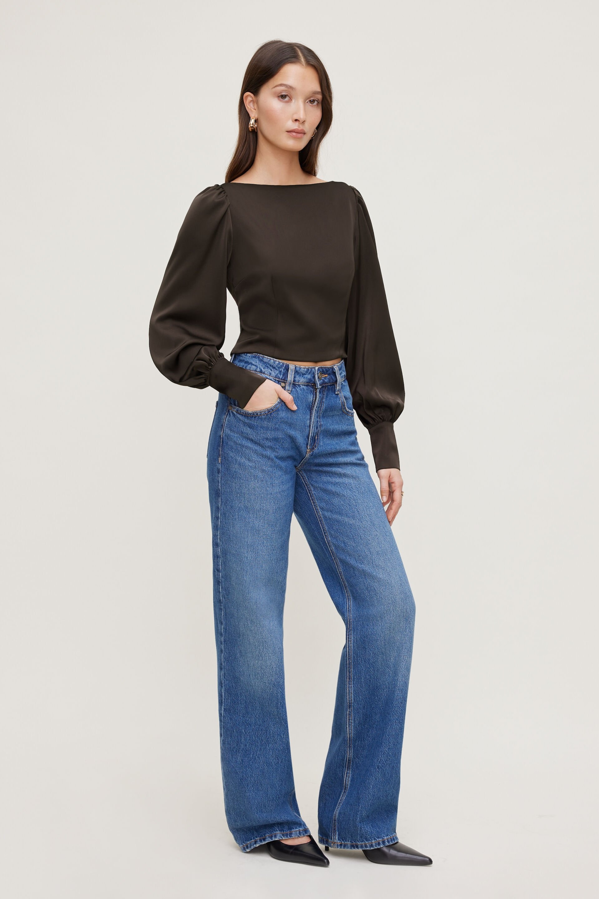 Faye Cropped Boat Neck Satin Blouse