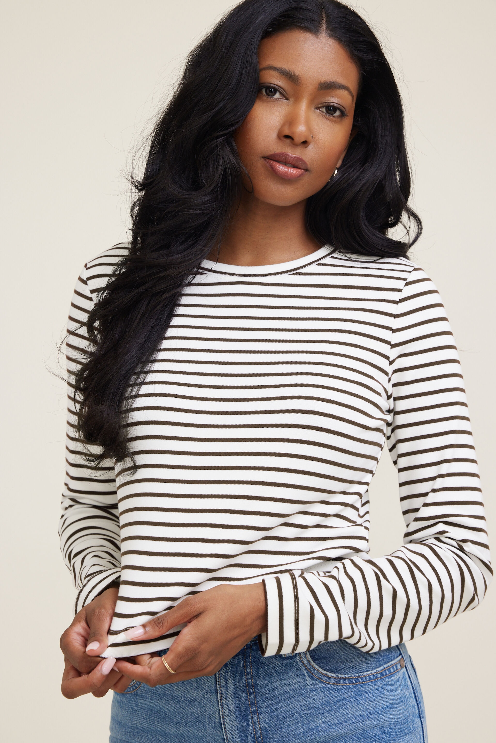 Striped Boxy Cotton Long Sleeve T Shirt