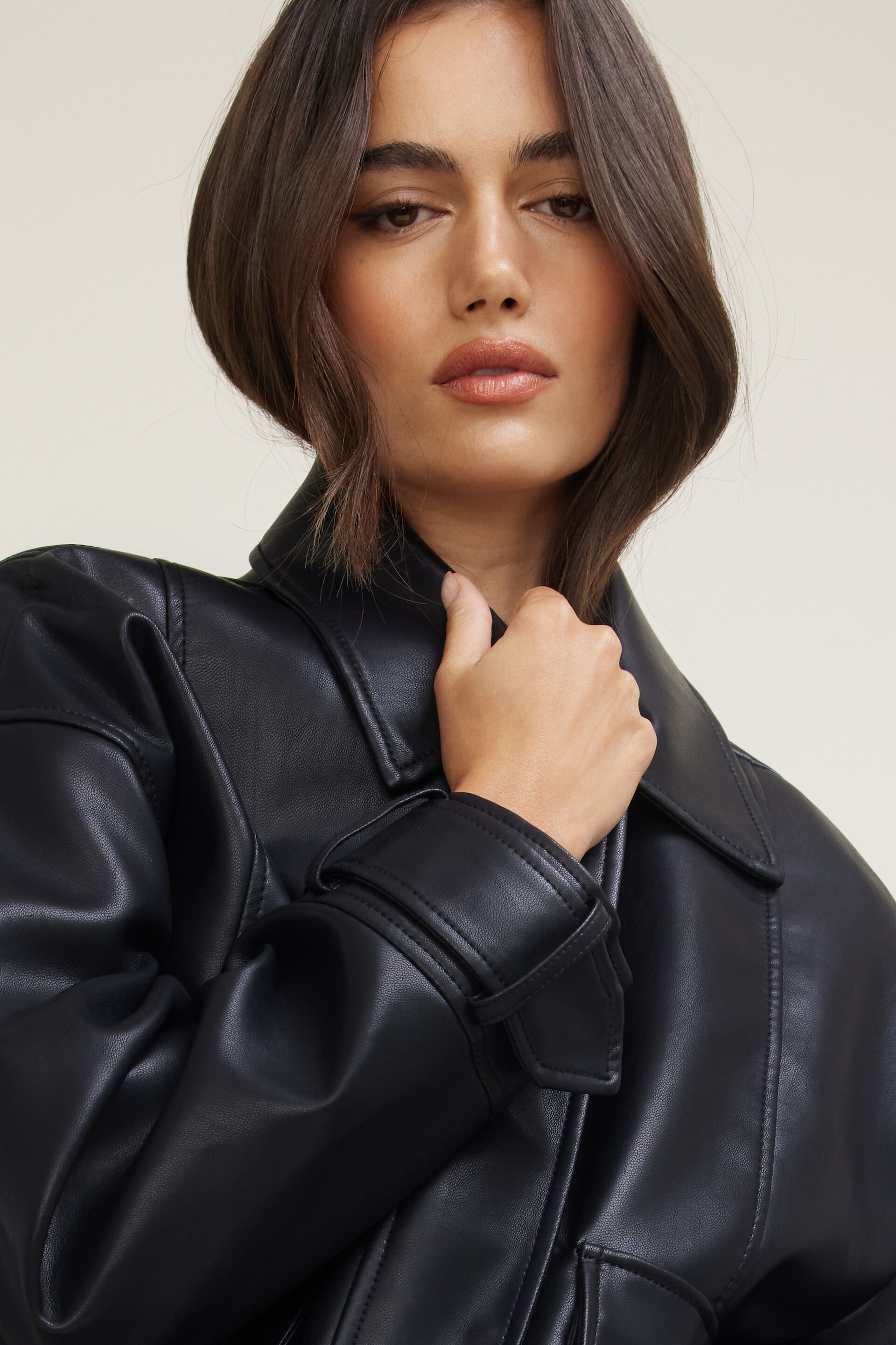 Oversized Faux Leather Aviator Jacket