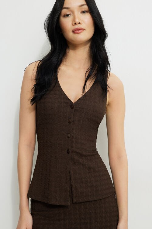 Textured V Neck Flyaway Vest Brown Dynamite