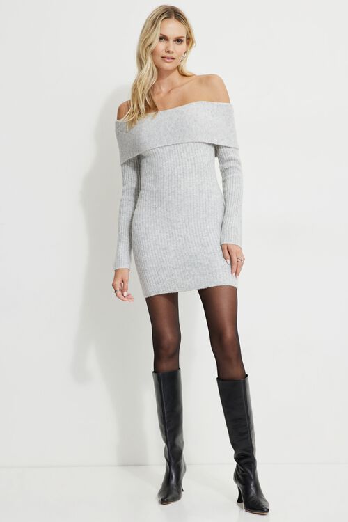 Heavenlyarn™ Off Shoulder Mini Sweater Dress Grey Dynamite