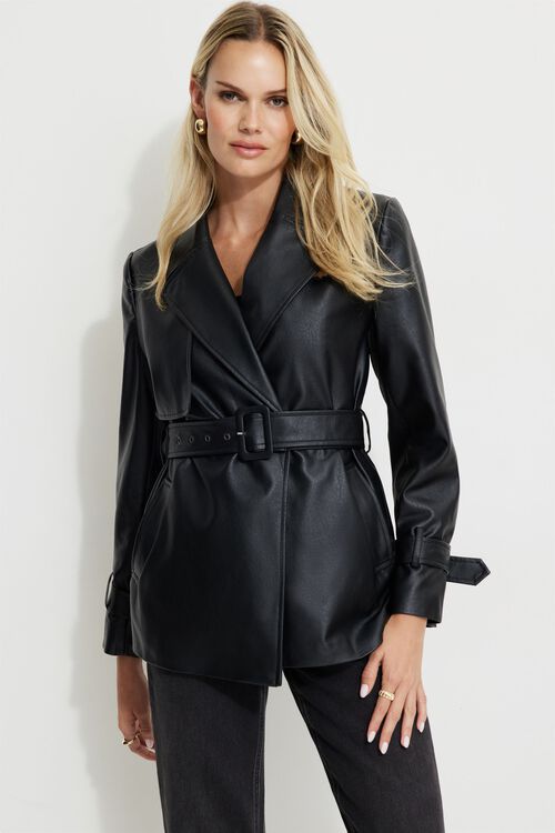 Cropped Faux Leather Trench Coat BLACK Dynamite - Main Image