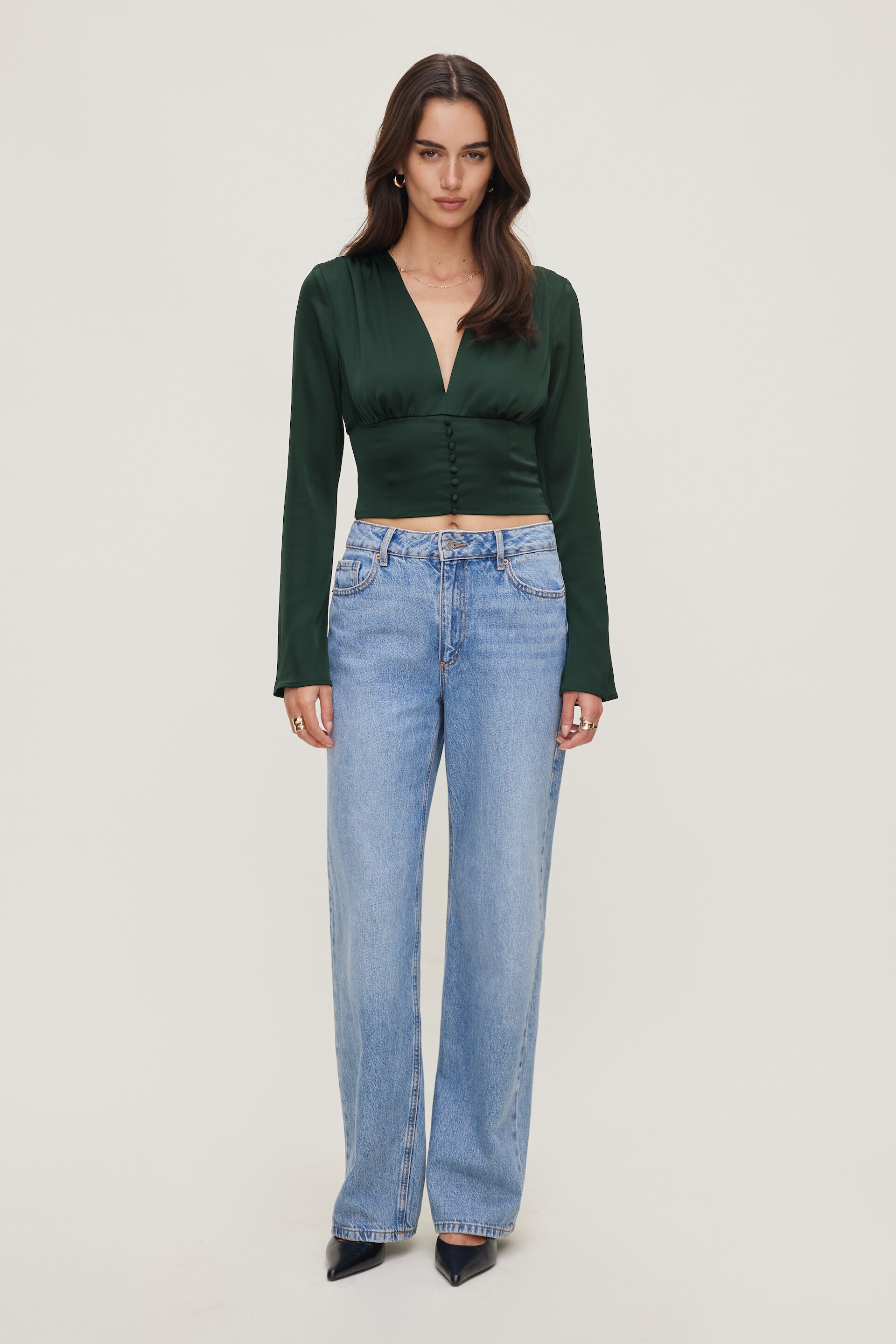 Draped V Neck Satin Blouse