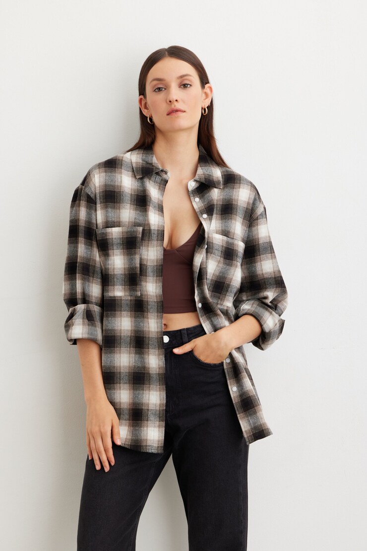Frida Oversized Plaid Shirt Brown | Dynamite