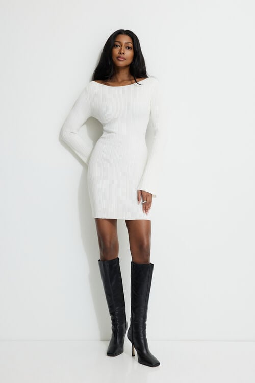 Ribbed Boat Neck Mini Sweater Dress Beige Dynamite