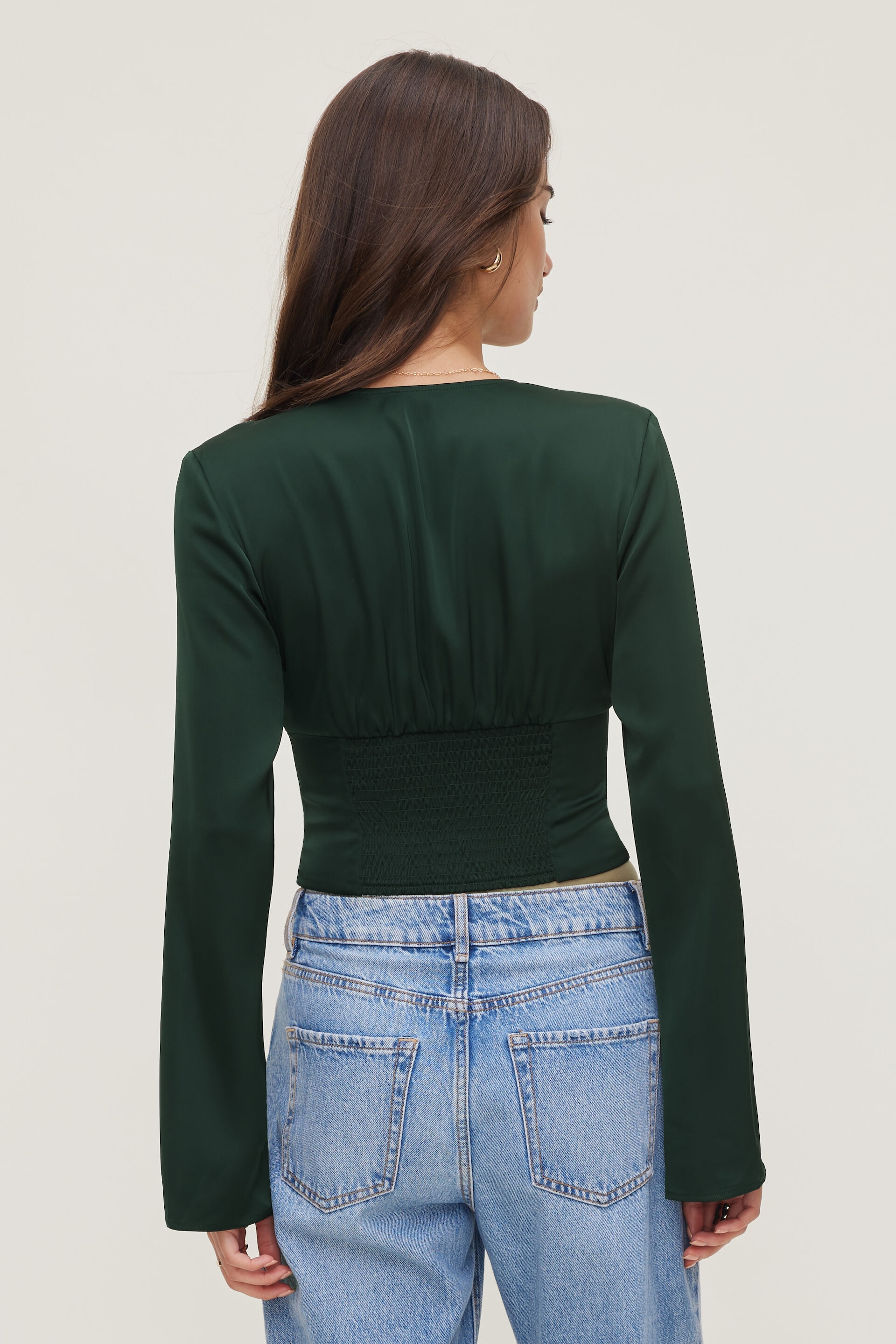 Draped V Neck Satin Blouse