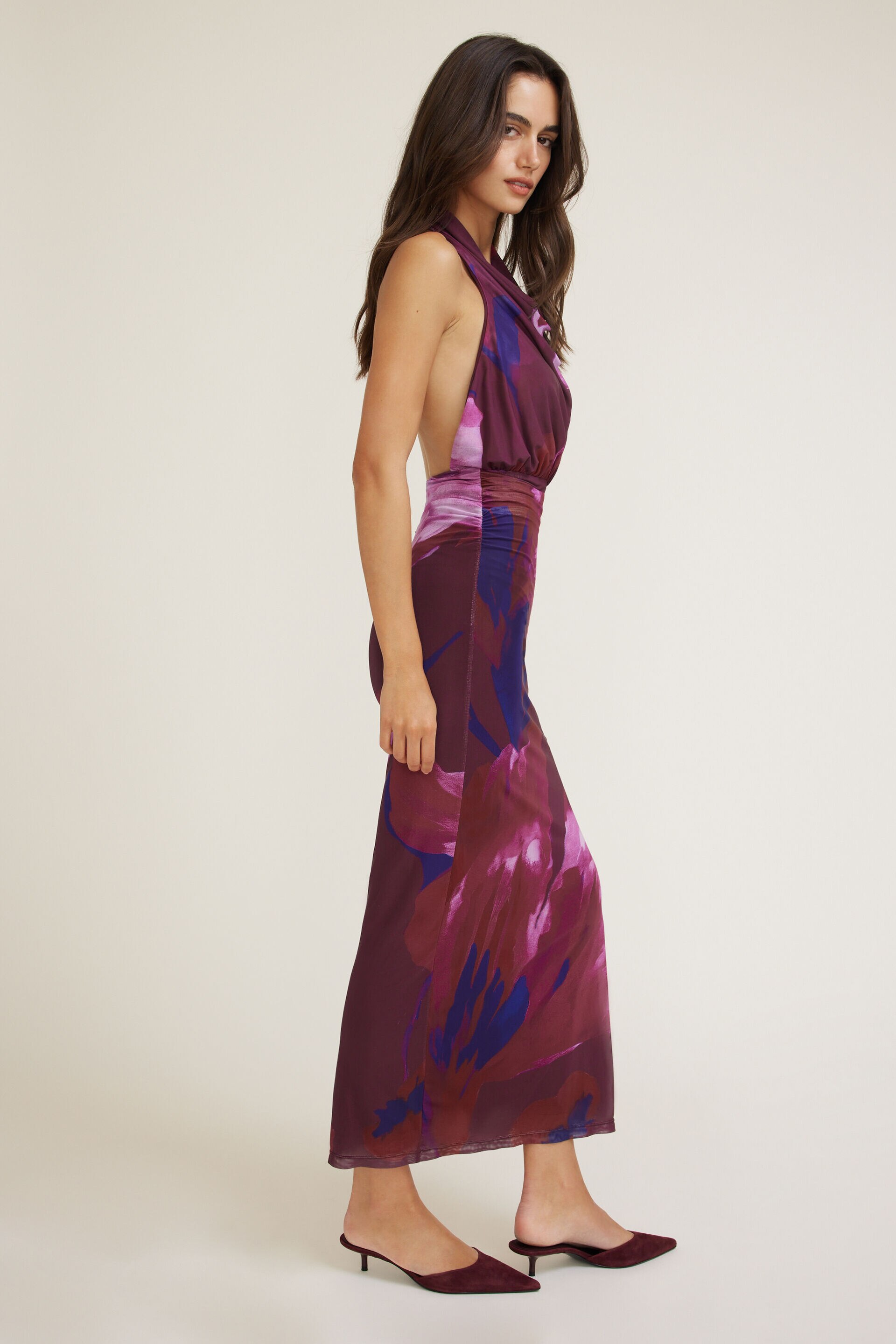 Halter Cowl Neck Mesh Maxi Dress